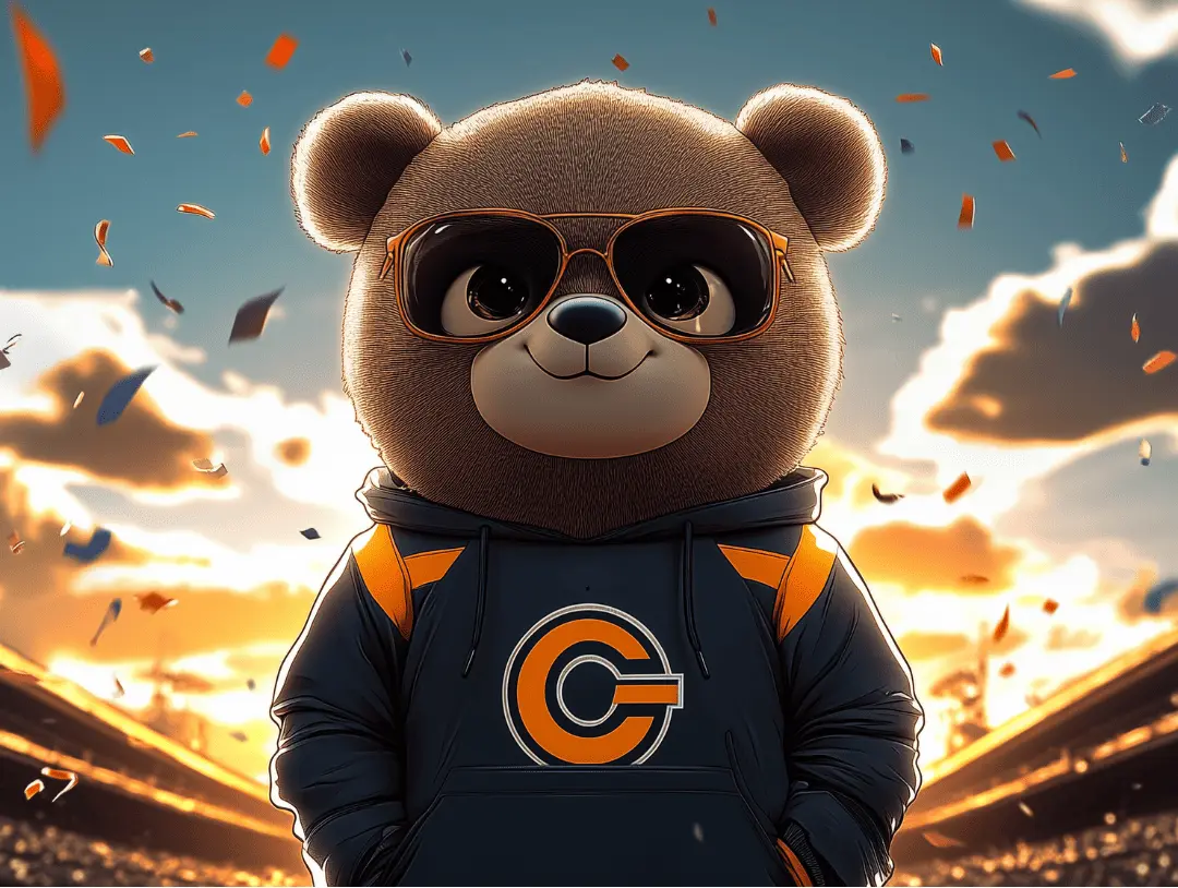 Brown bear in Bears colors cheering.