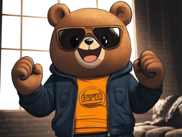 Brown bear in Bears colors cheering at TV