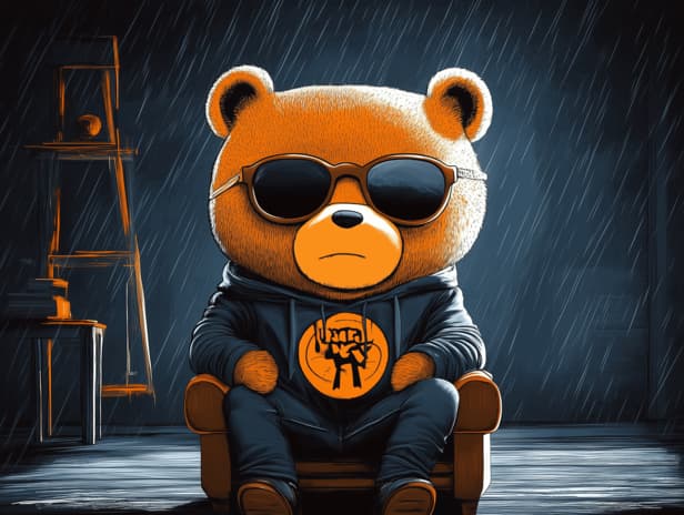 Worried bear clutching pillow watching TV